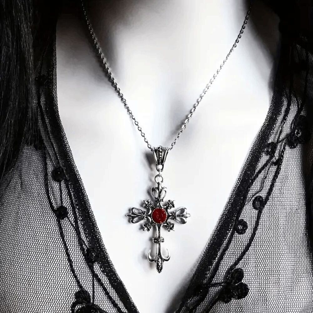 Stainless Steel Ruby Cross Unisex Pendant Necklace
